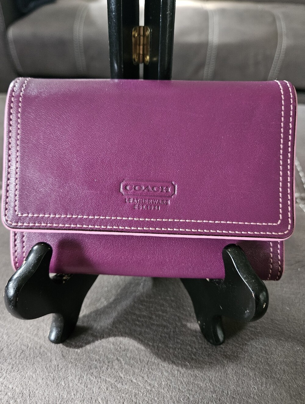 Coach Purple Leather Trifold Wallet Pink Stitching Leatherware Logo